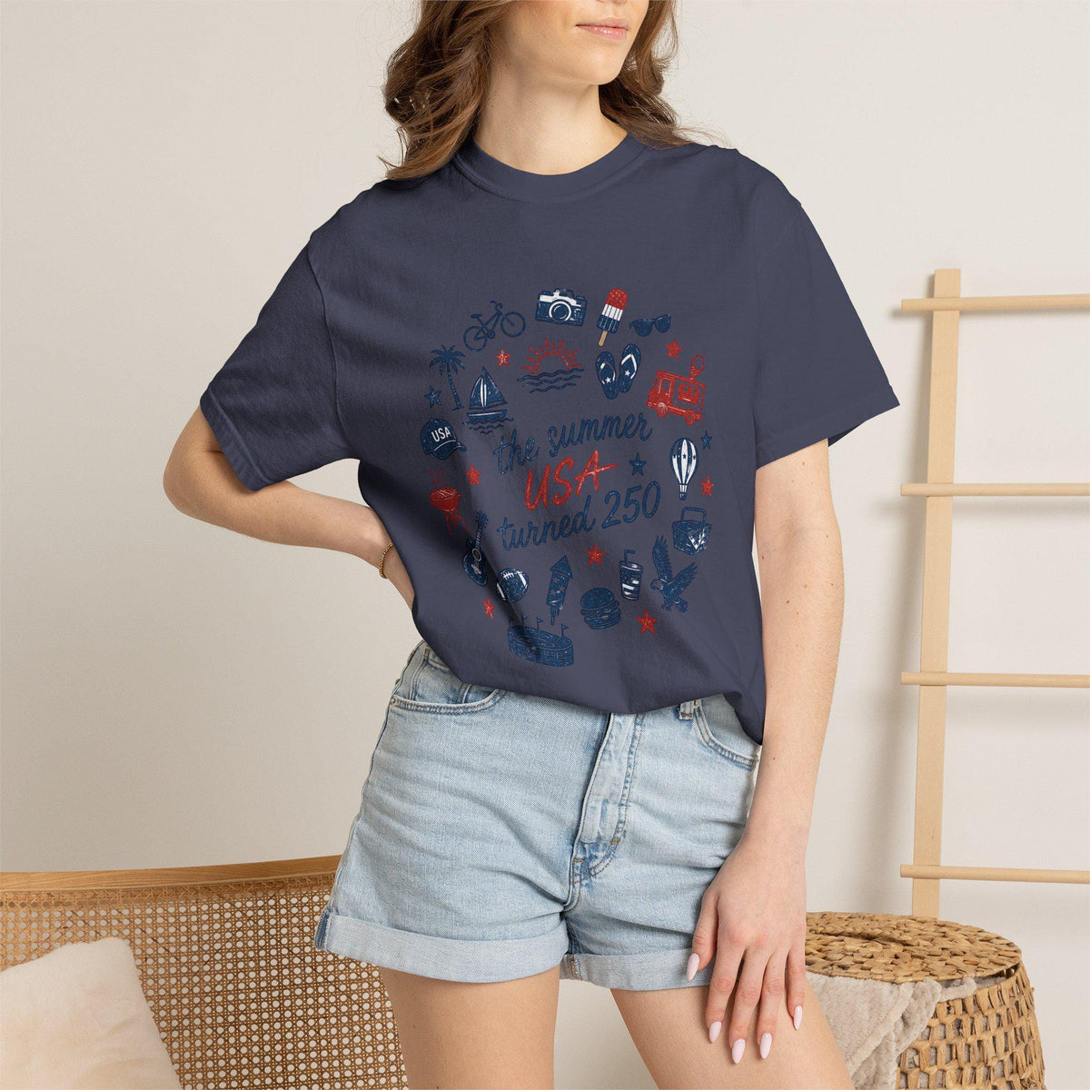 Summer USA Turned 250 Commemorative T-shirt, featuring patriotic summer-themed graphic design