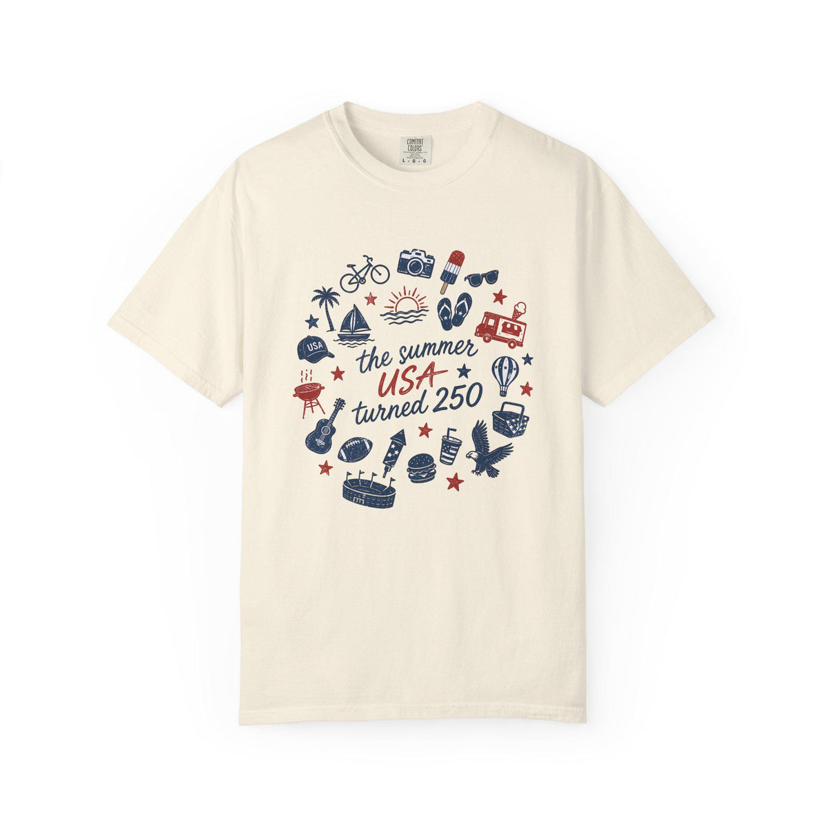 Summer USA Turned 250 Commemorative T-shirt, featuring patriotic summer-themed graphic design