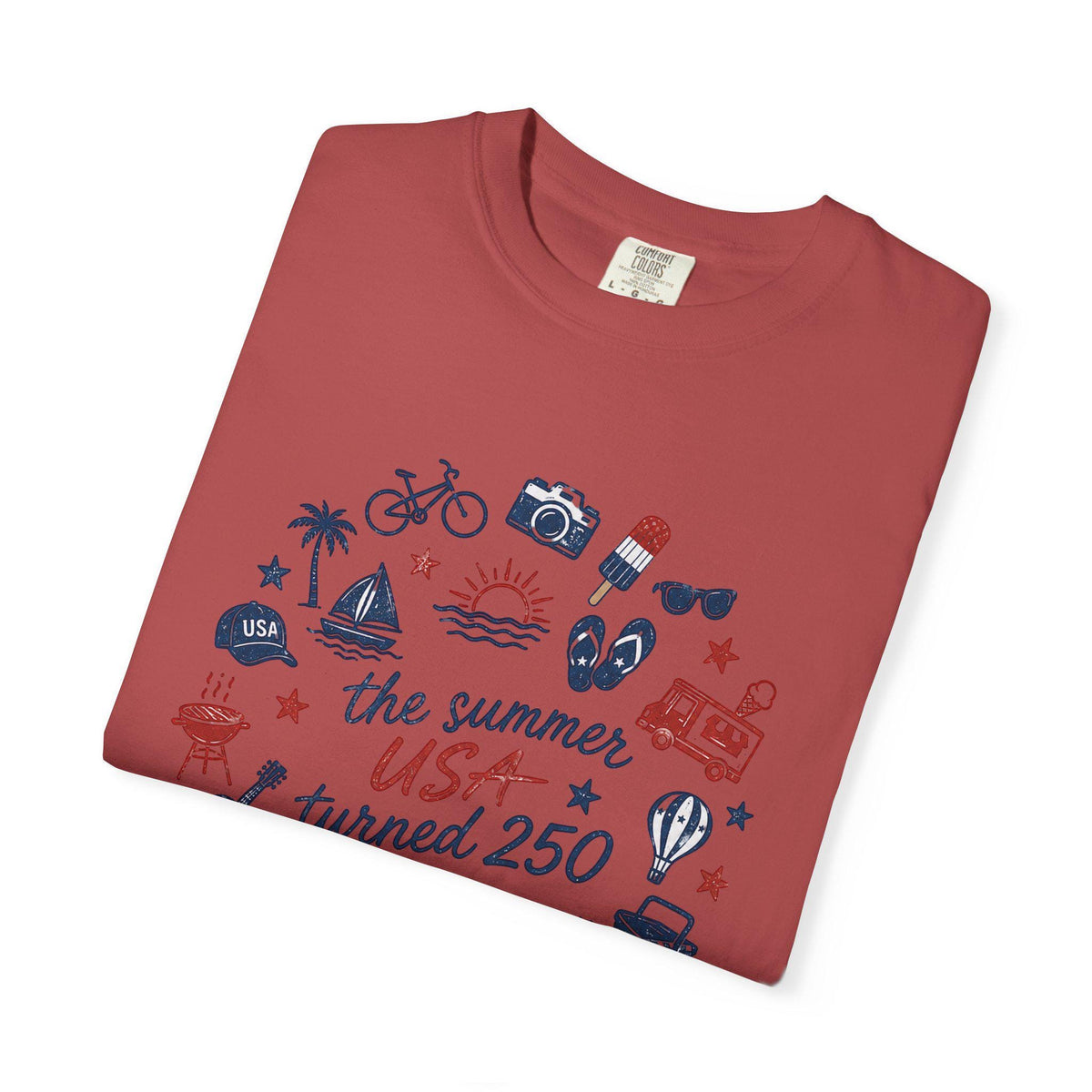 Summer USA Turned 250 Commemorative T-shirt, featuring patriotic summer-themed graphic design