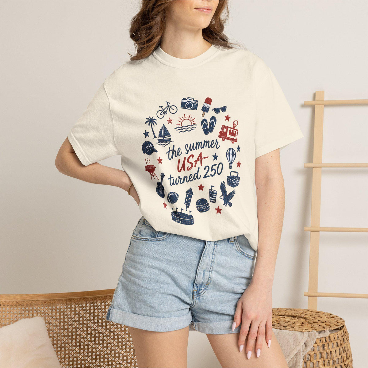 Summer USA Turned 250 Commemorative T-shirt, featuring patriotic summer-themed graphic design
