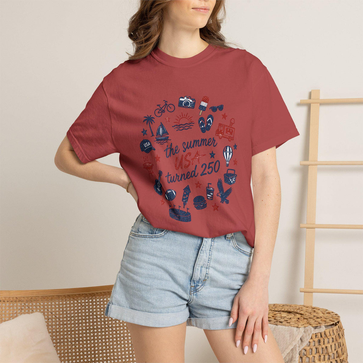 Summer USA Turned 250 Commemorative T-shirt, featuring patriotic summer-themed graphic design