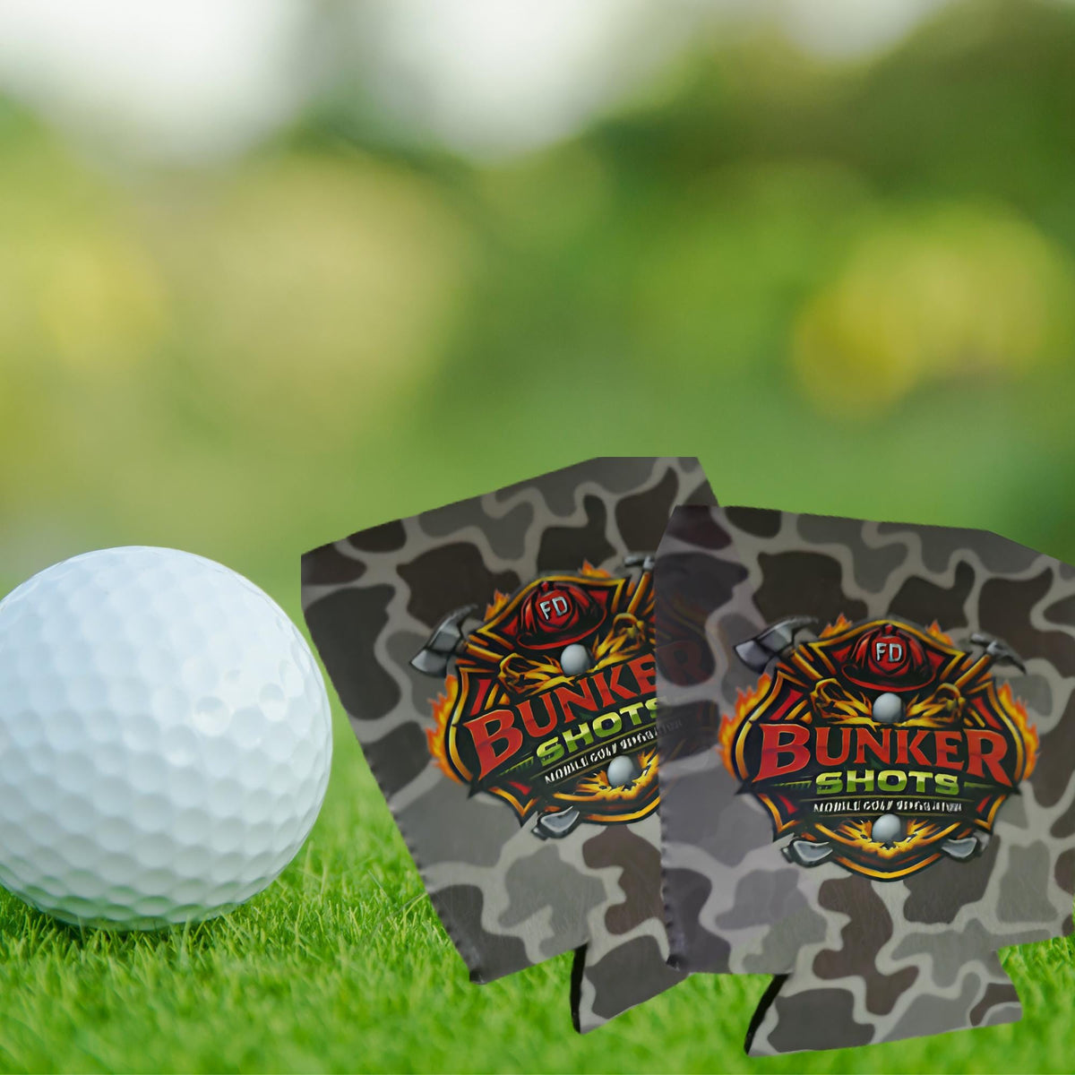 Duck camo can cooler shown on 12oz can