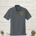 Embroidered business logo polo styled on model