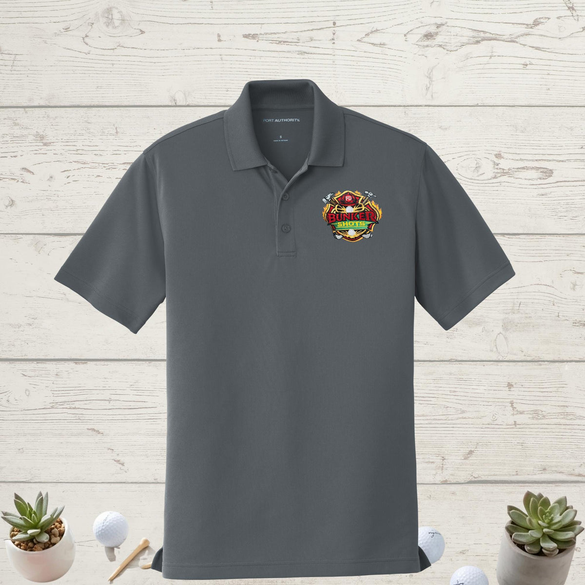Embroidered business logo polo styled on model