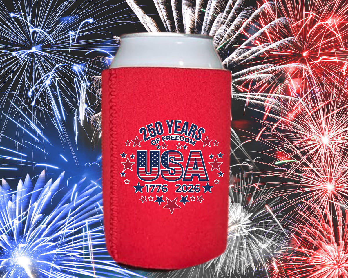 Patriotic Neoprene Can Cooler - summer BBQ lifestyle shot