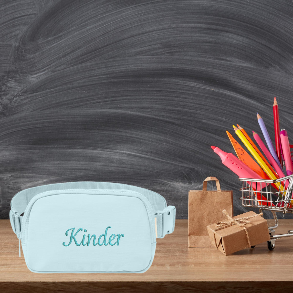 Custom Grade Level Crossbody Fanny Pack - flat lay, matte nylon finish