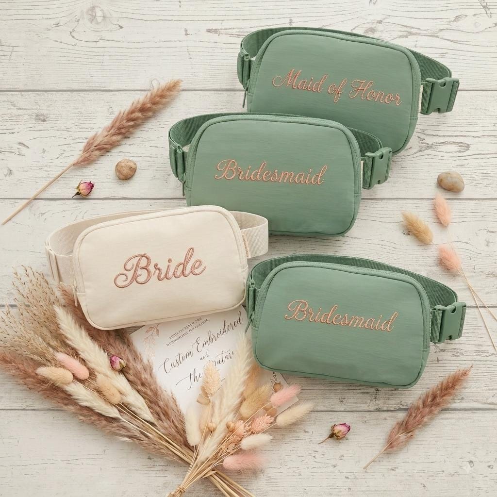 Personalized Bridal Party Belt Bag - Bride Tribe embroidery on pink Taslan nylon fanny pack