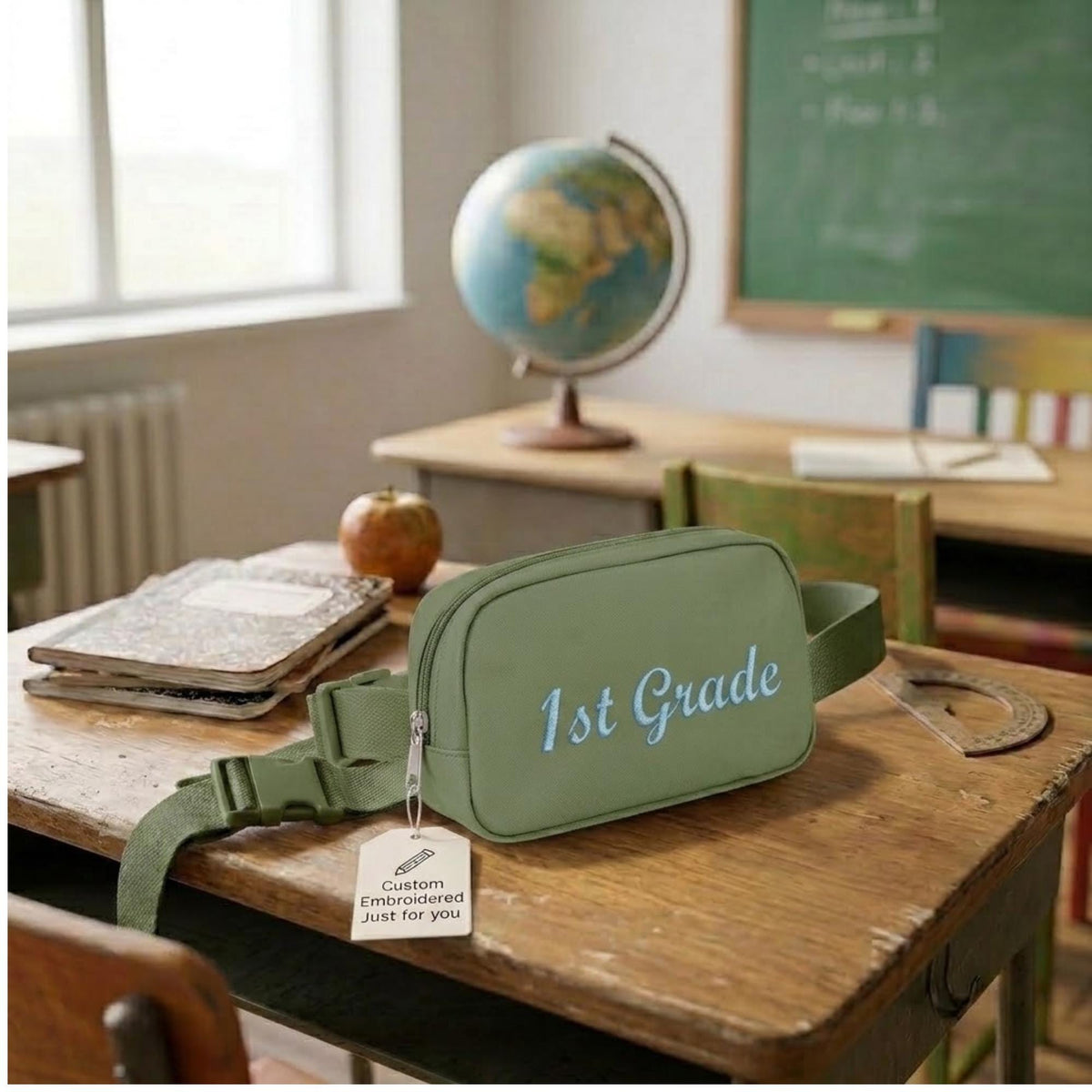 Custom Grade Level Crossbody Fanny Pack - flat lay, matte nylon finish