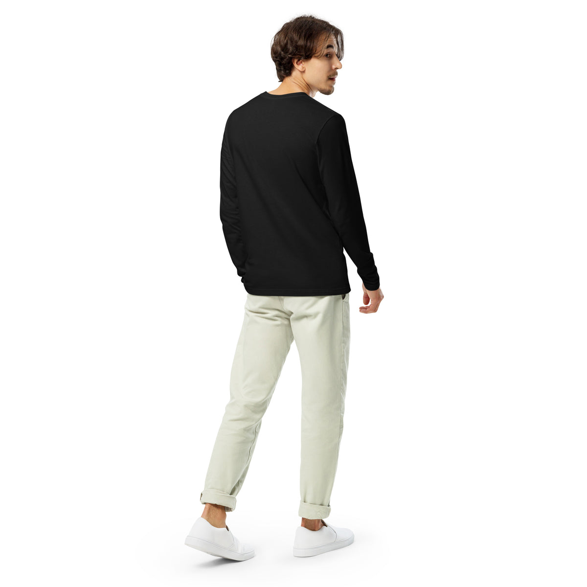 Long sleeve fitted crew, Black, back view