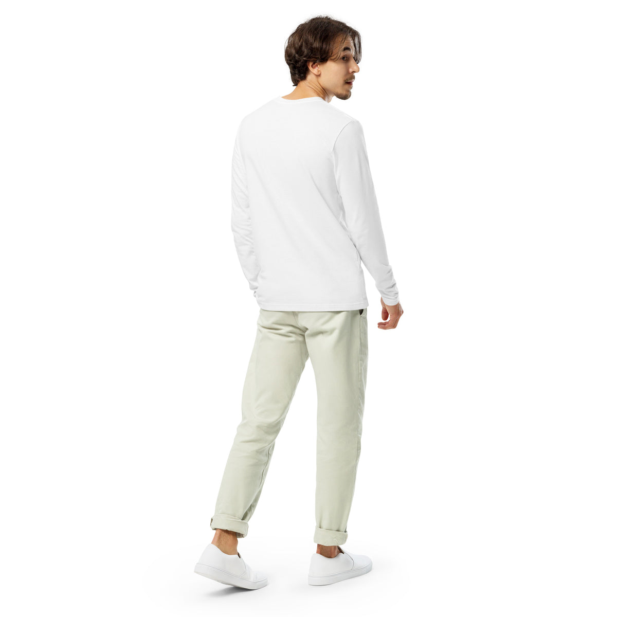 Long sleeve fitted crew, White, back view