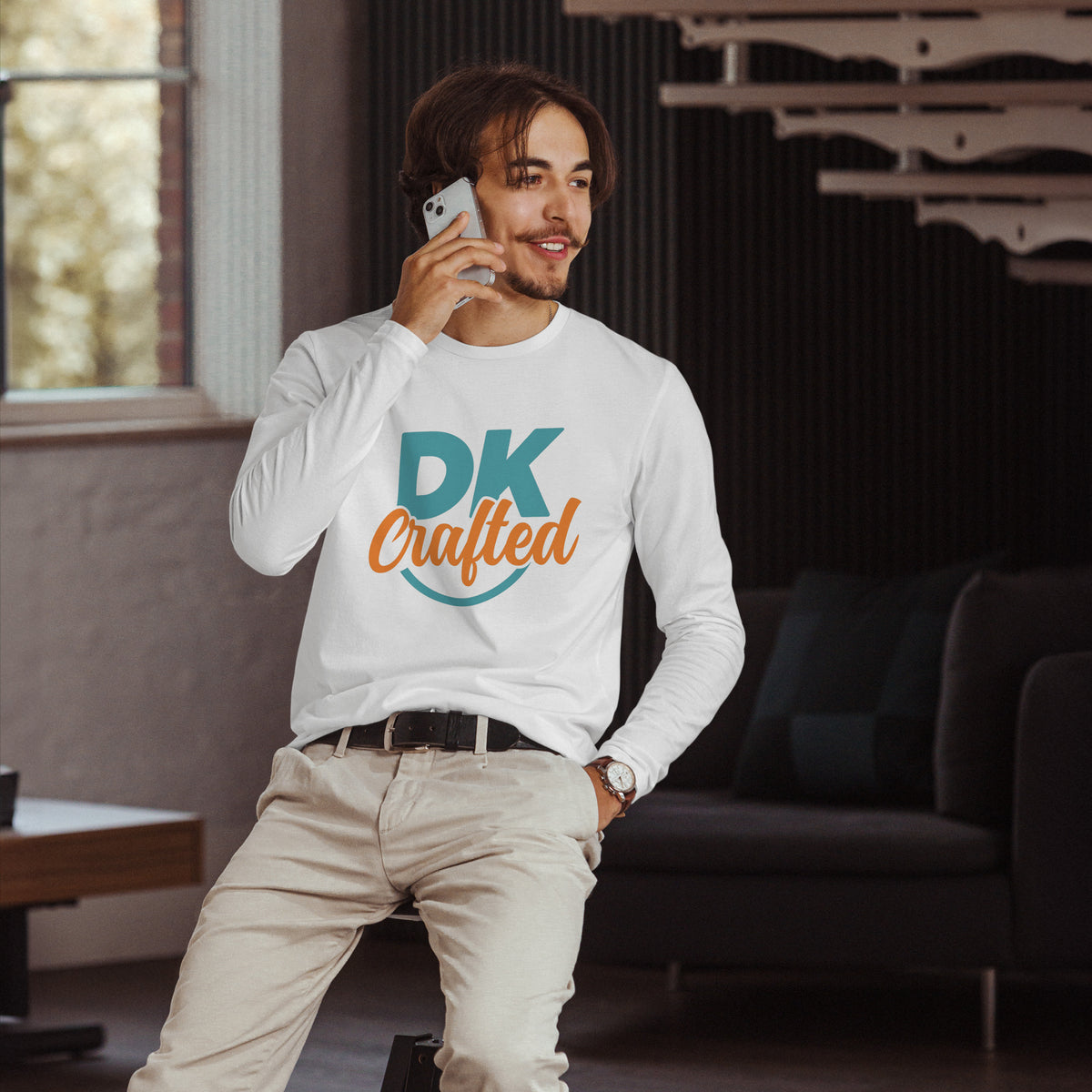Long sleeve fitted crew, White, front view