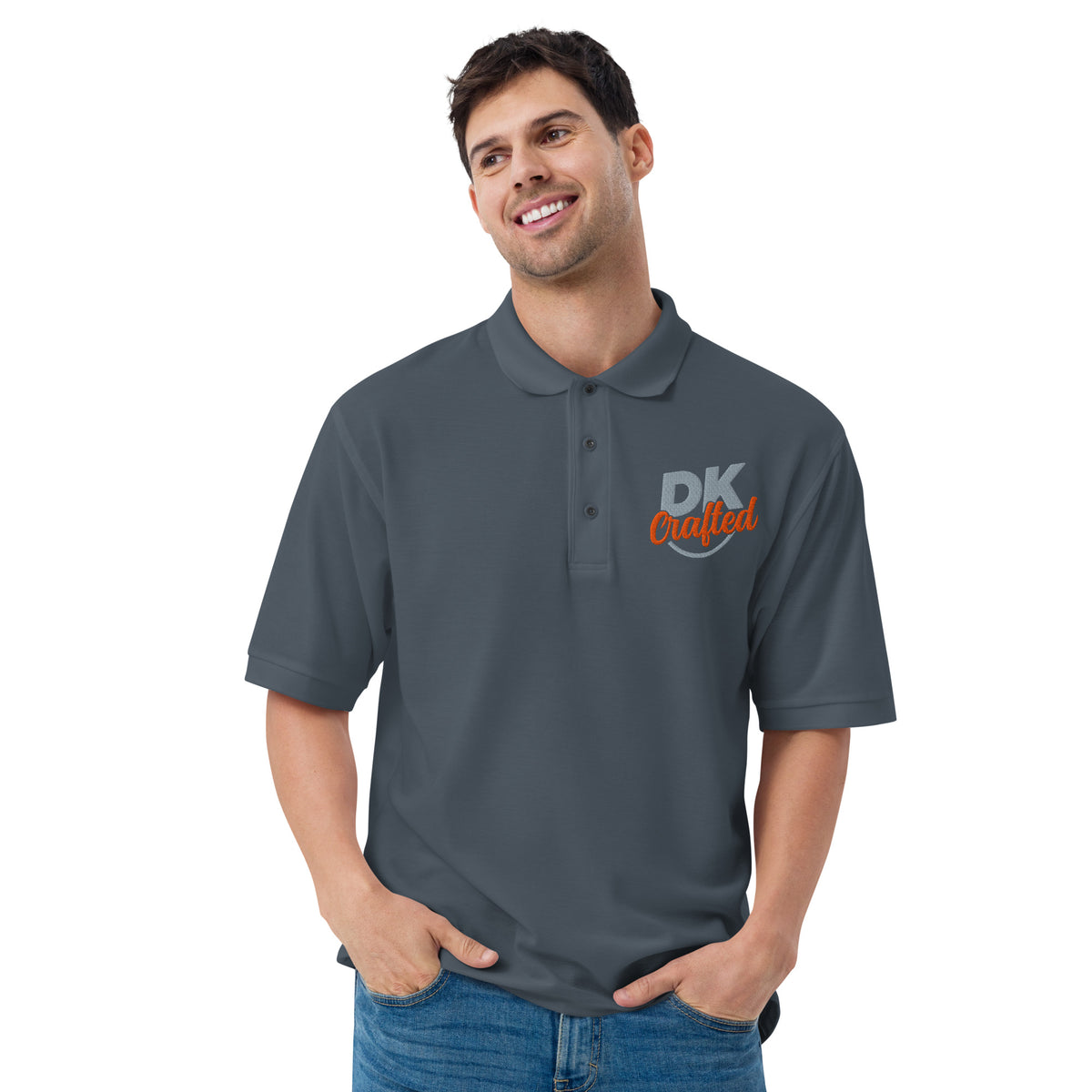 Men's premium polo, Steel Grey, front view