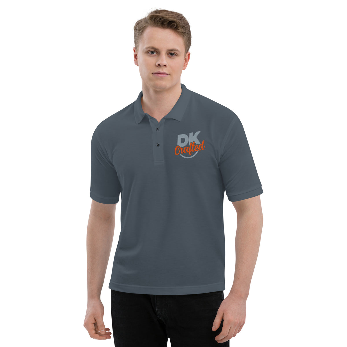 Men's premium polo, Steel Grey, front view