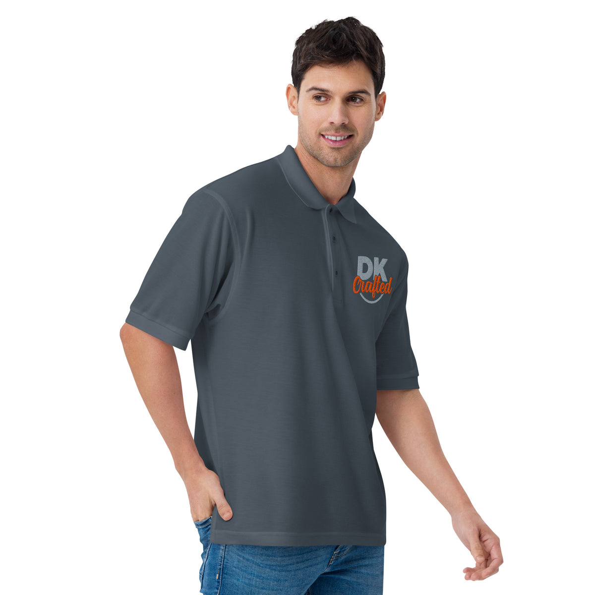 Men's premium polo, Steel Grey, right front view