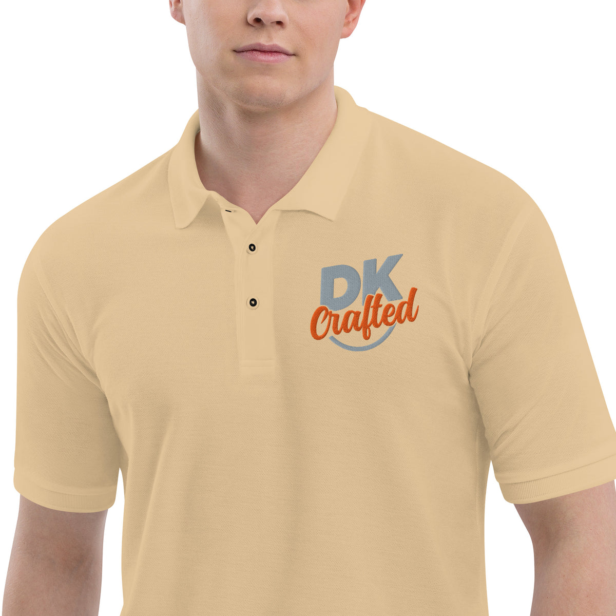 Men's premium polo, Stone, fabric detail view