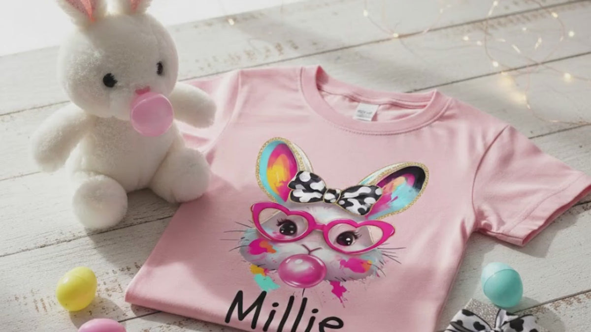 Custom Name Bunny Shirt, Bubblegum Bunny Tee, Retro Heart Glasses Rabbit Gildan Softstyle T-shirt