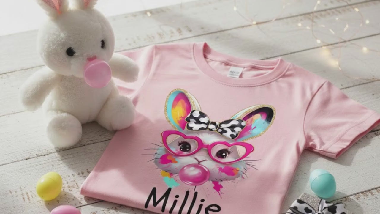 Custom Name Bunny Shirt, Bubblegum Bunny Tee, Retro Heart Glasses Rabbit Gildan Softstyle T-shirt