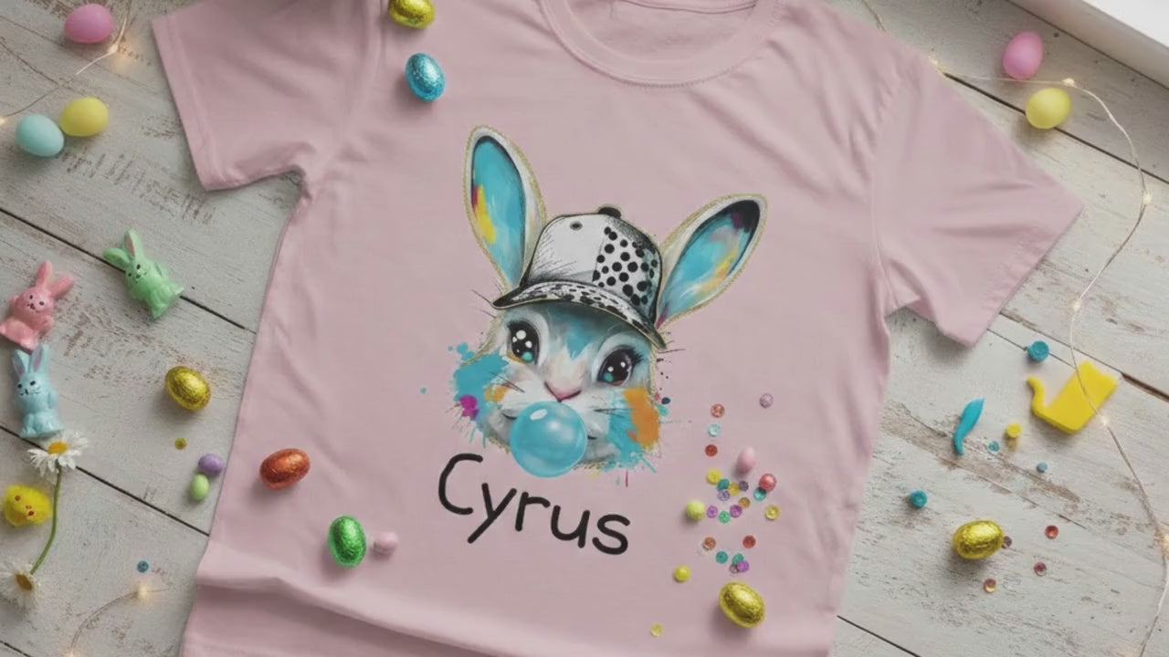 Custom Bunny with Baseball Cap and Bubbles Kids Tee | Personalized Easter Shirt