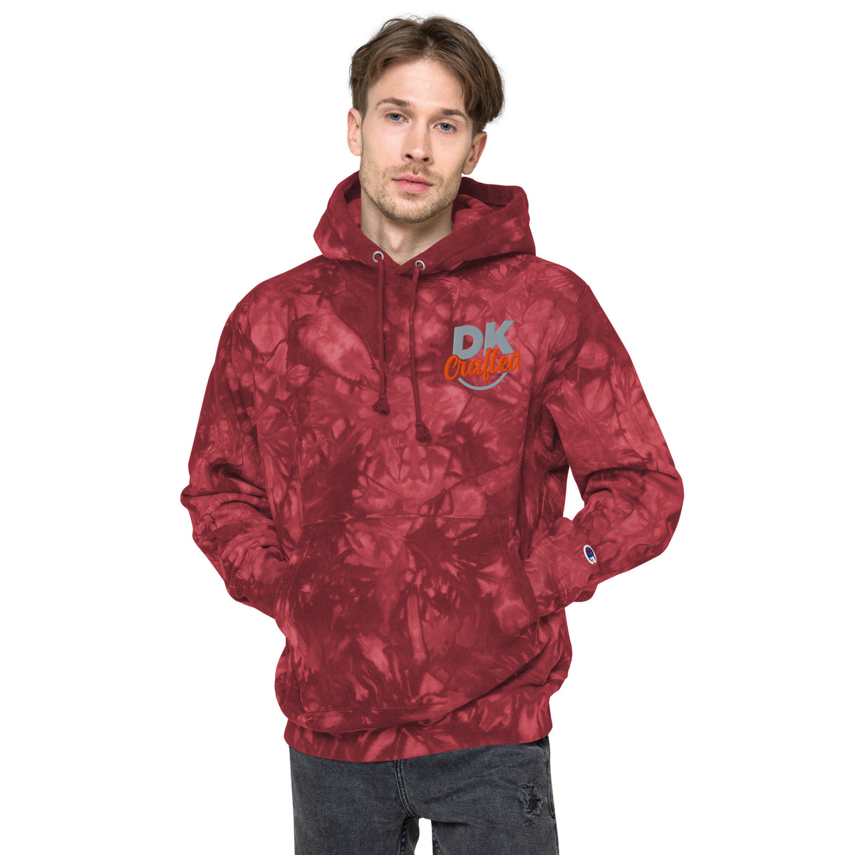 Unisex Champion tie-dye hoodie, Mulled Berry, front view