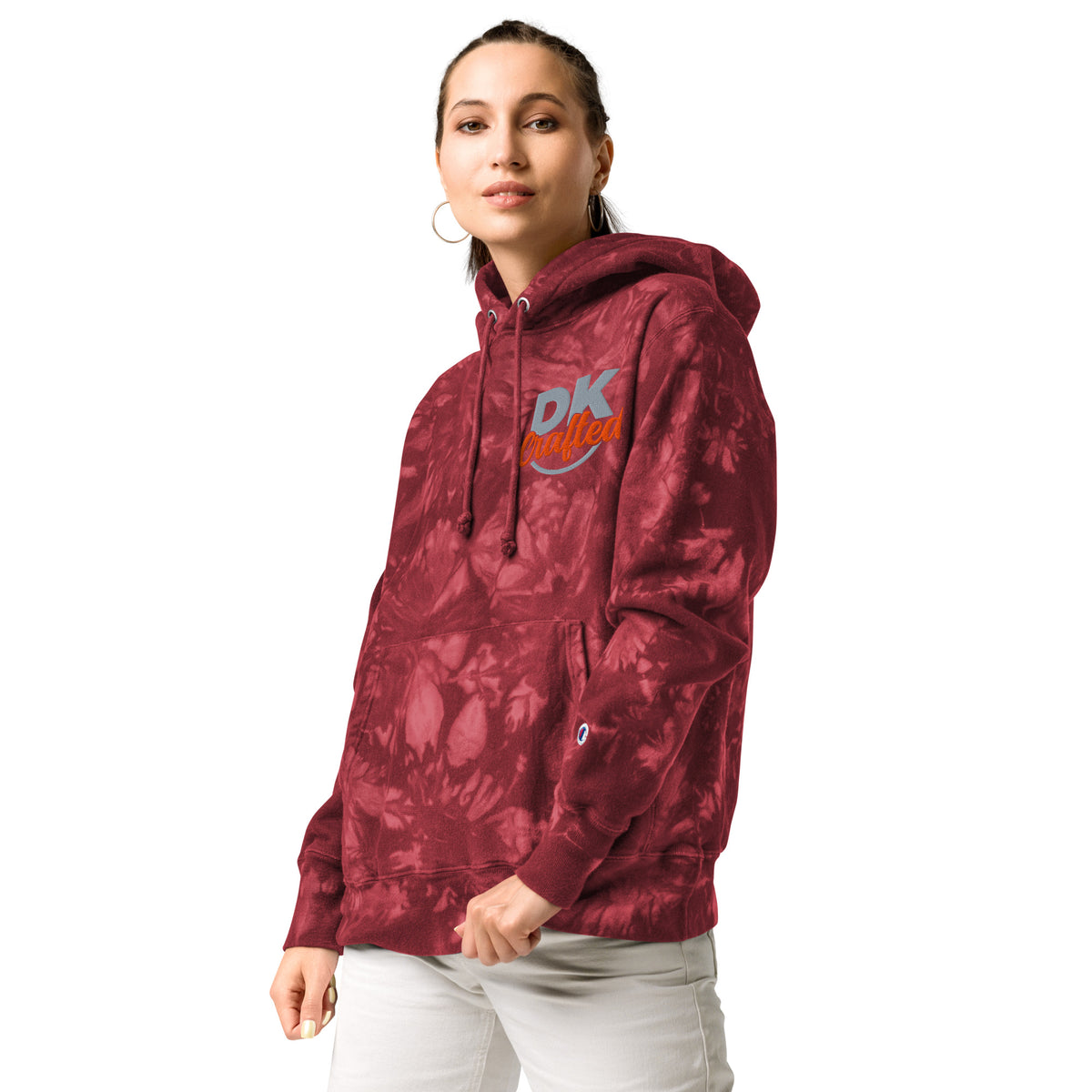 Unisex Champion tie-dye hoodie, Mulled Berry, left front view
