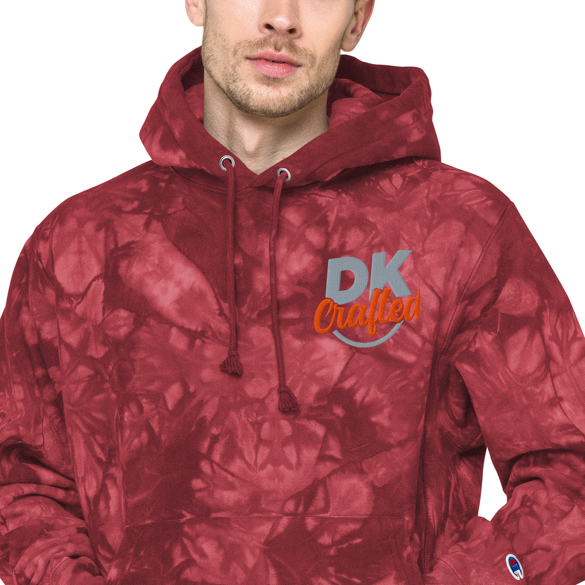 Unisex Champion tie-dye hoodie, Mulled Berry, fabric detail view