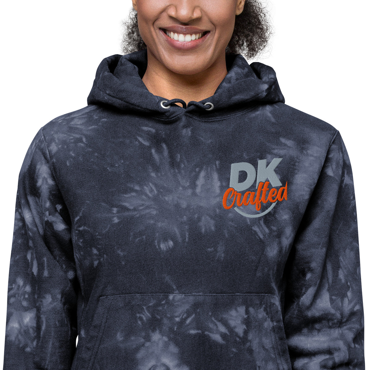 Unisex Champion tie-dye hoodie, Navy, fabric detail view