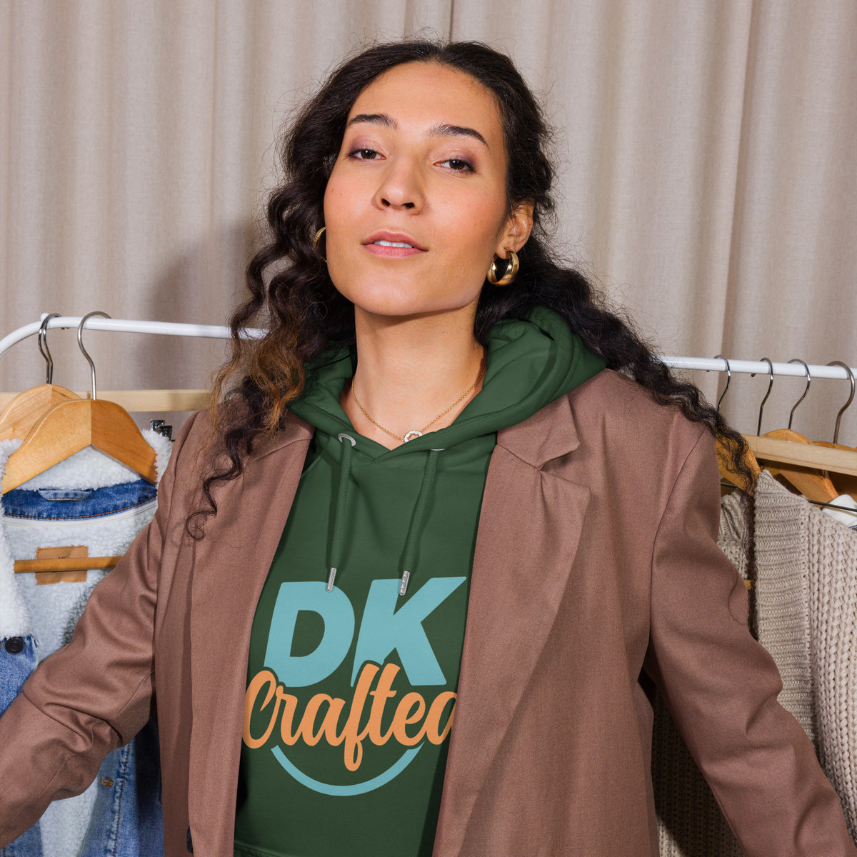 Unisex eco raglan hoodie, Bottle Green, front view