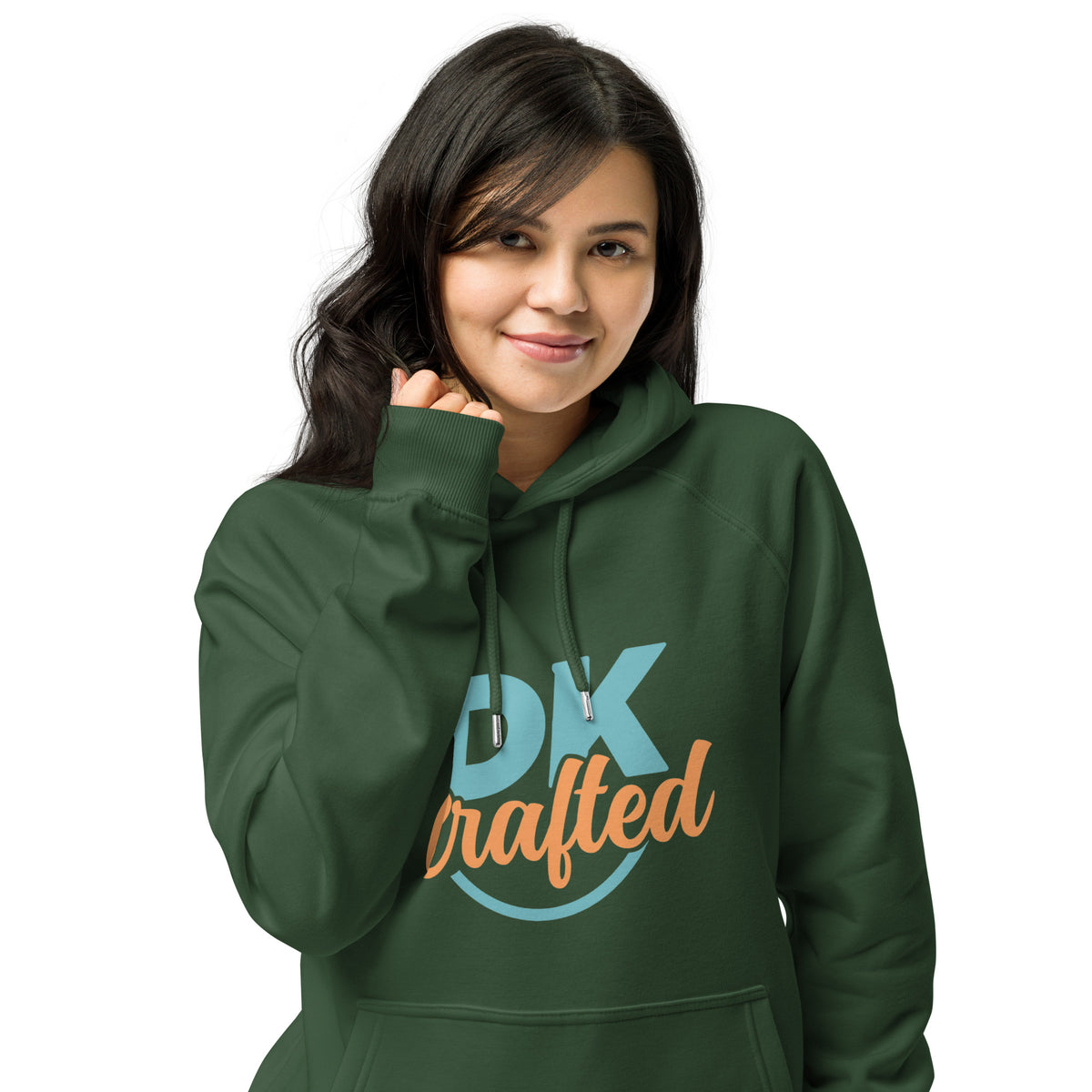 Unisex eco raglan hoodie, Bottle Green, front view