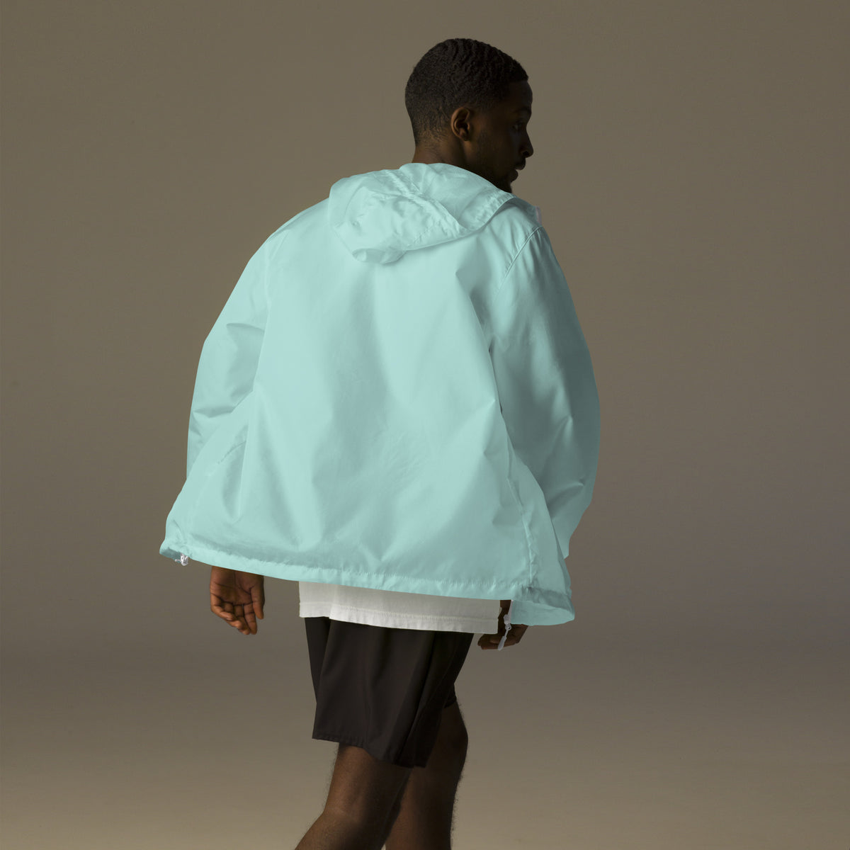 Unisex lightweight zip up windbreaker, Aqua White Zipper, back view