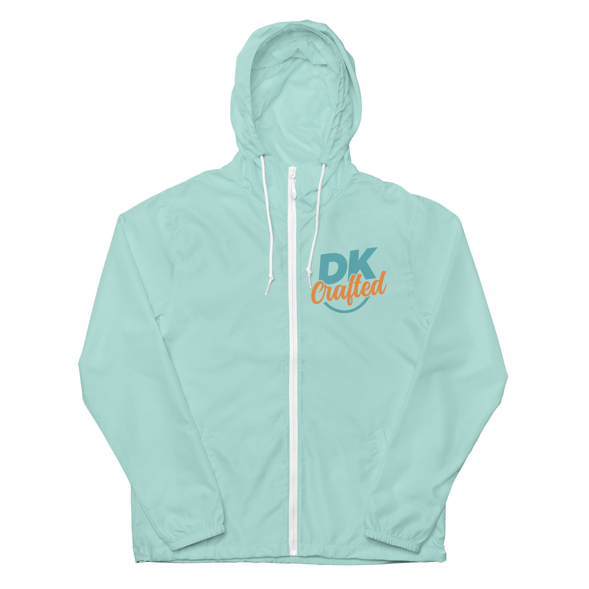 Unisex lightweight zip up windbreaker, Aqua White Zipper, front view