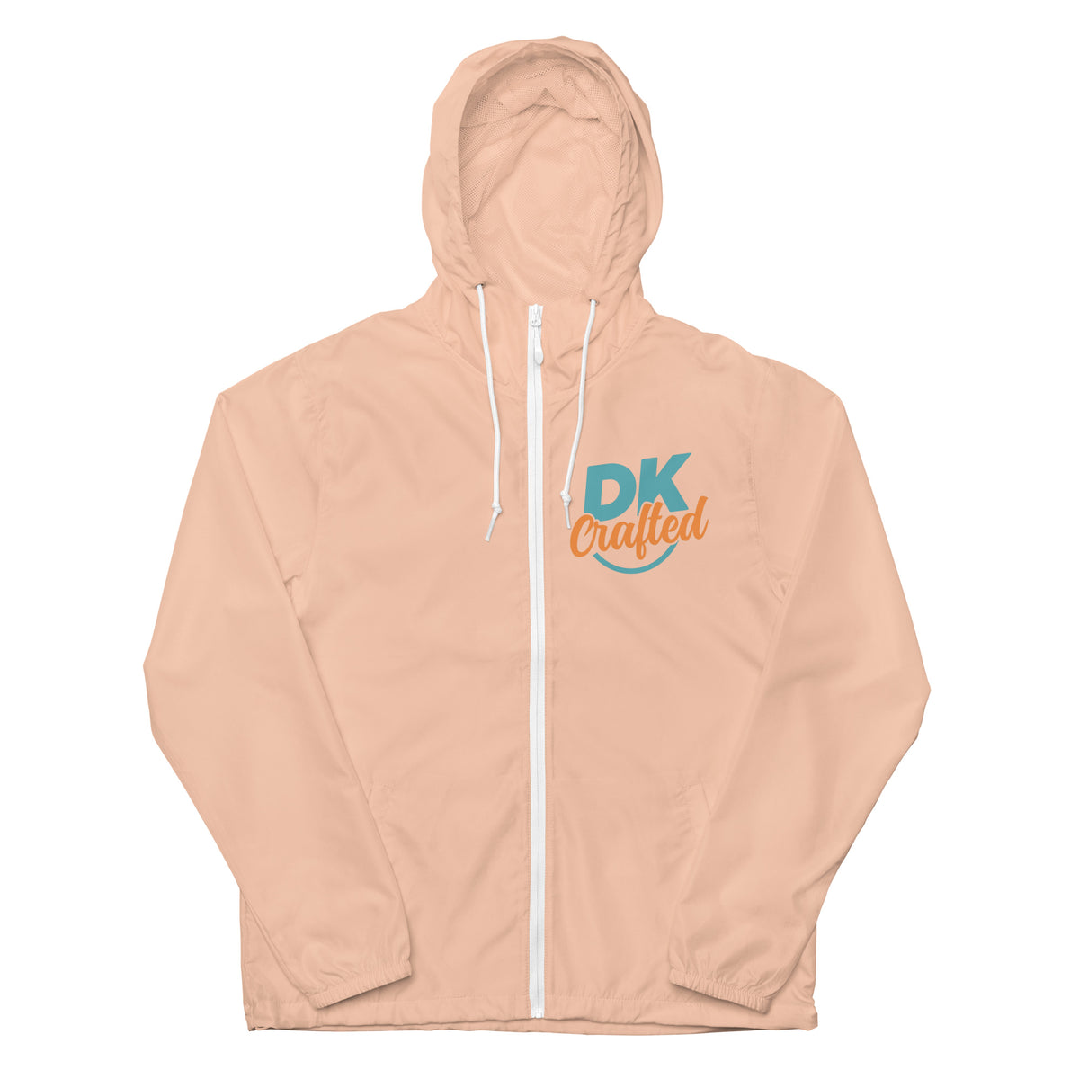 Unisex lightweight zip up windbreaker, Blush White Zipper, front view