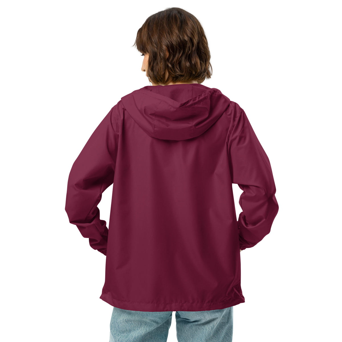 Unisex lightweight zip up windbreaker, Maroon, back view