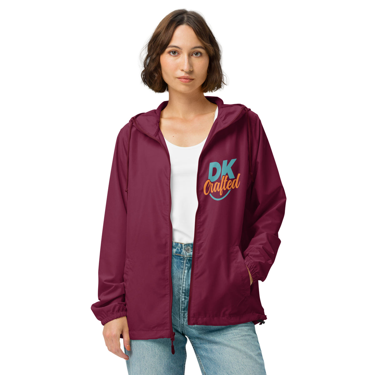 Unisex lightweight zip up windbreaker, Maroon, front view
