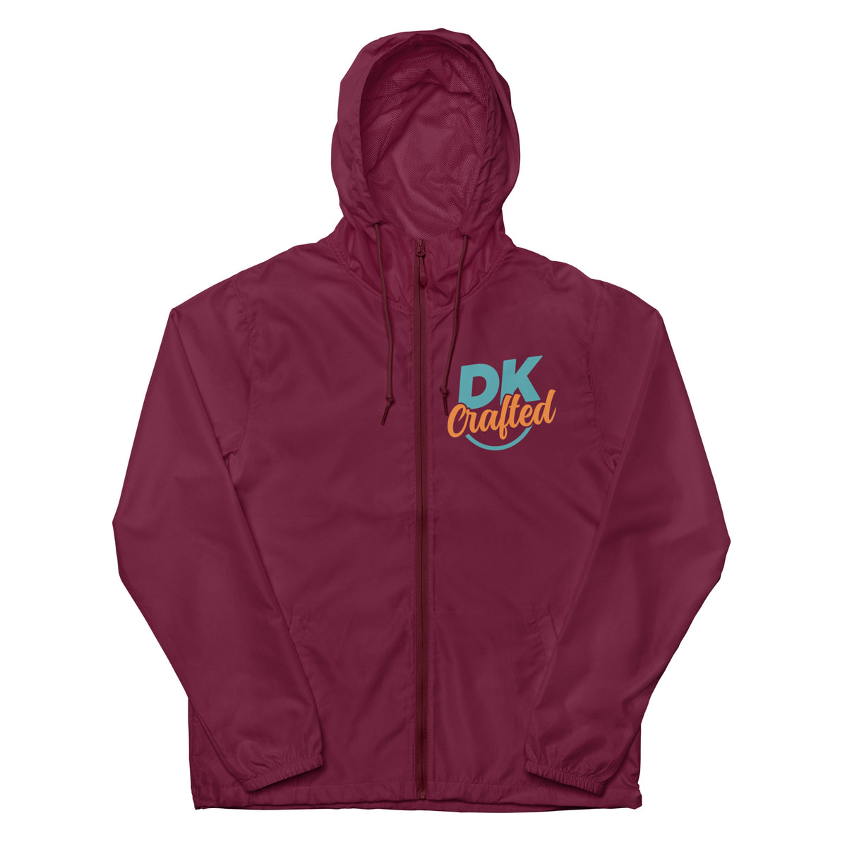 Unisex lightweight zip up windbreaker, Maroon, front view