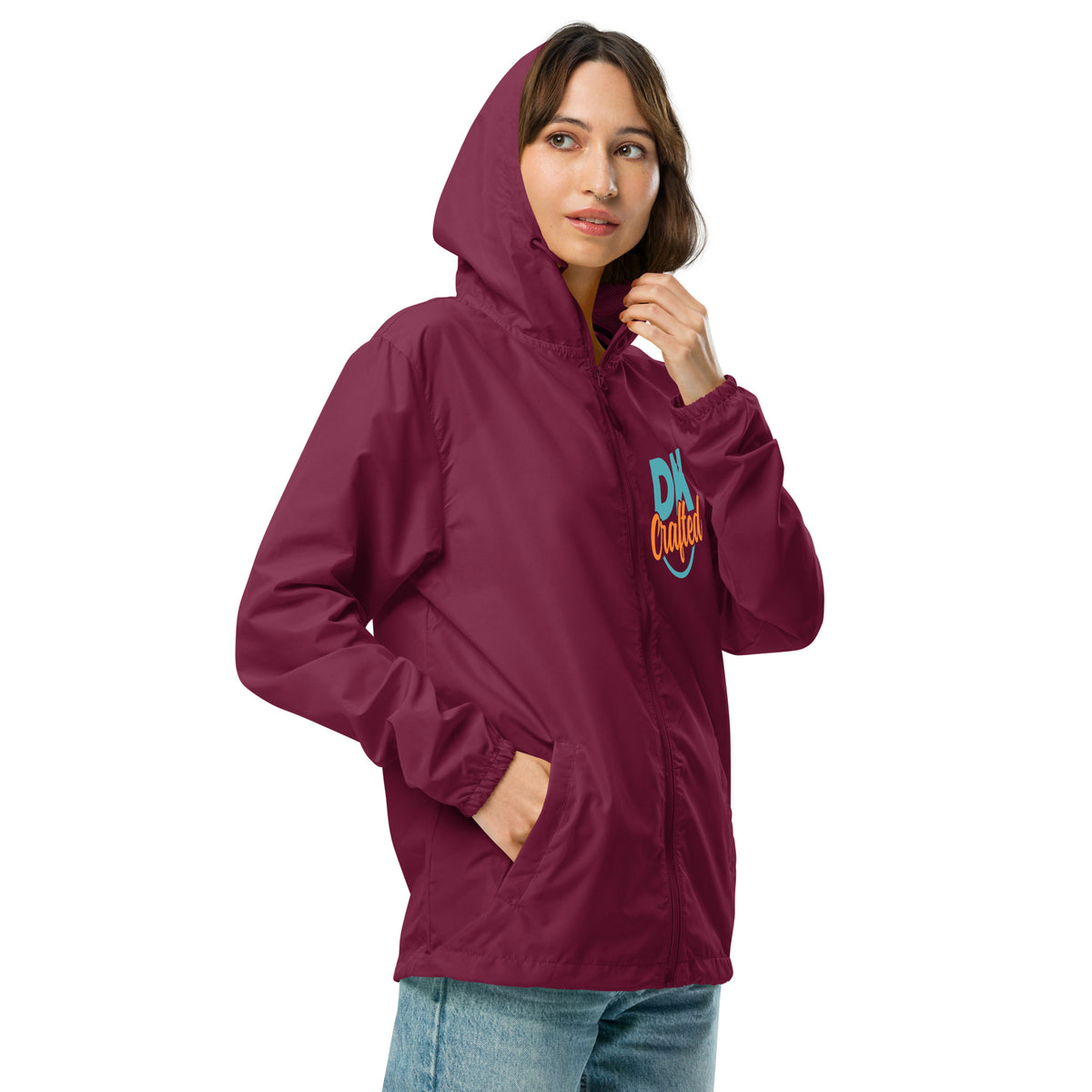 Unisex lightweight zip up windbreaker, Maroon, right front view