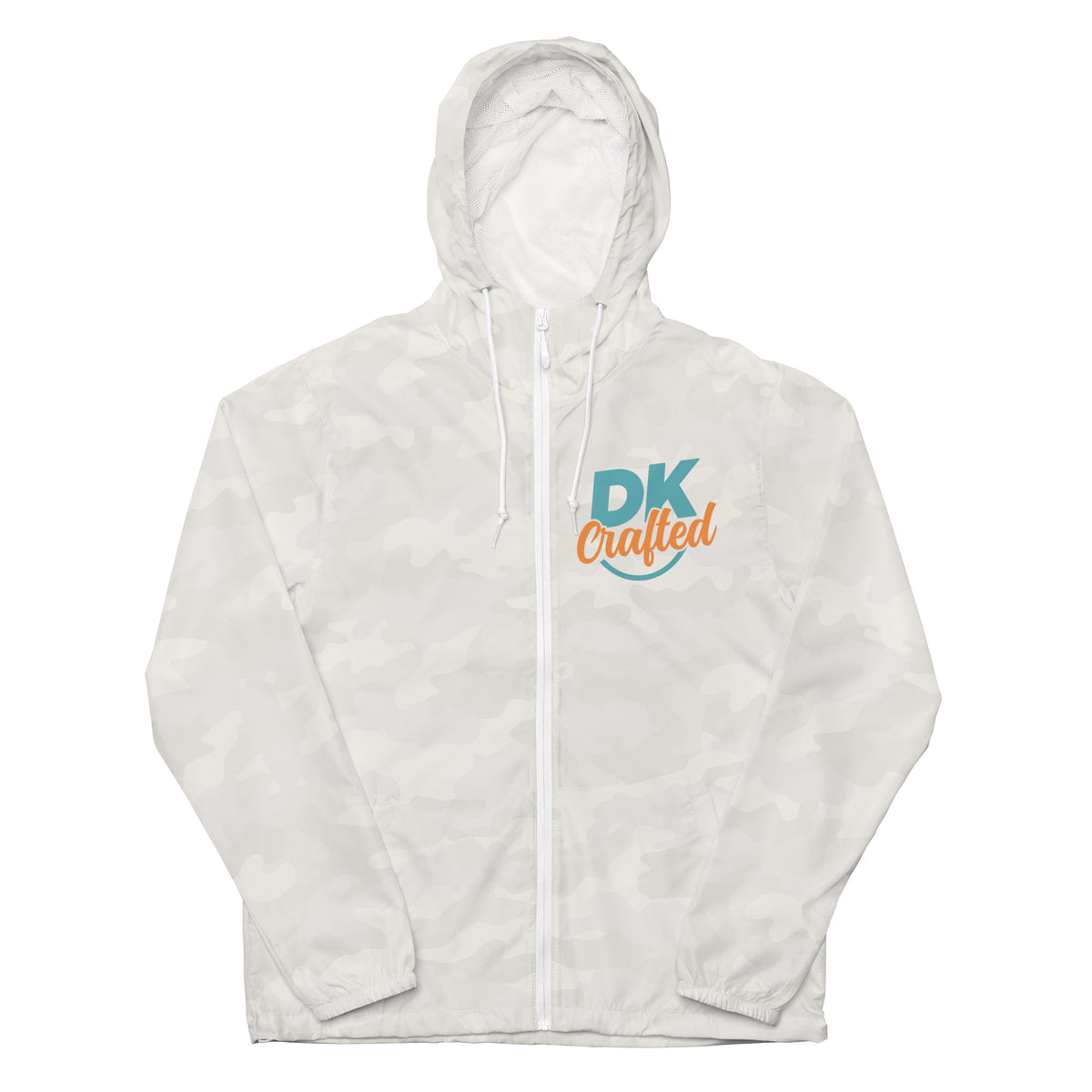 Unisex lightweight zip up windbreaker, White Camo, front view
