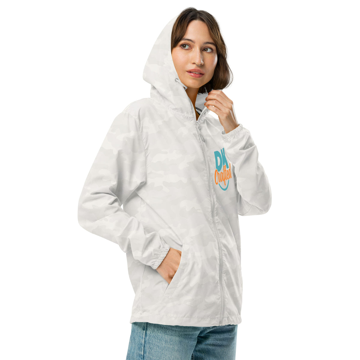Unisex lightweight zip up windbreaker, White Camo, right front view