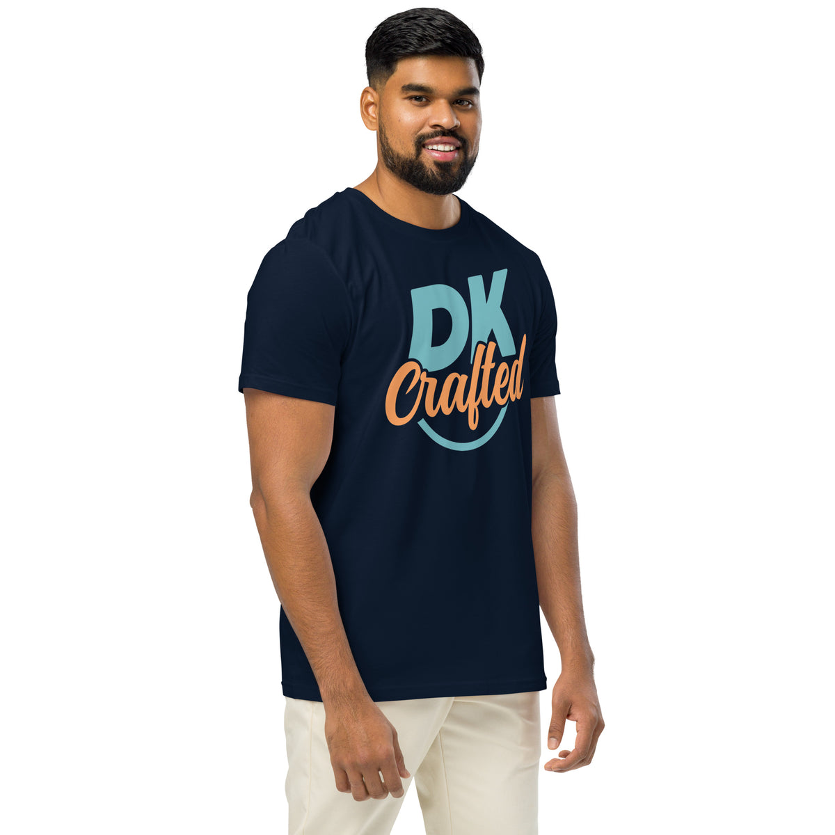 Unisex organic mid-light t-shirt, French Navy, right front view