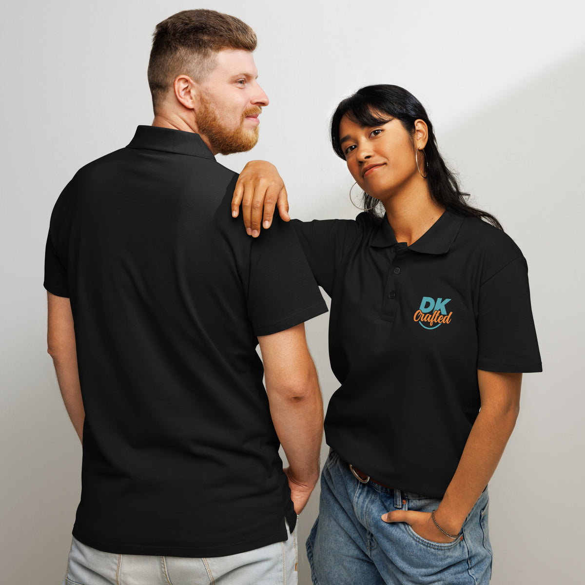 Premium pique polo shirt, Black, front and back view