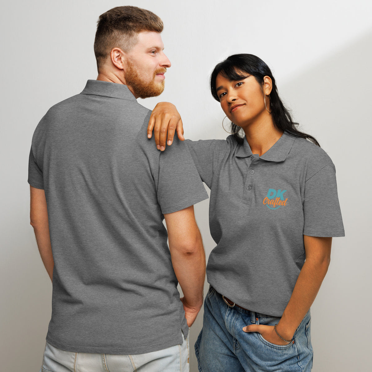 Premium pique polo shirt, Grey Melange, front and back view