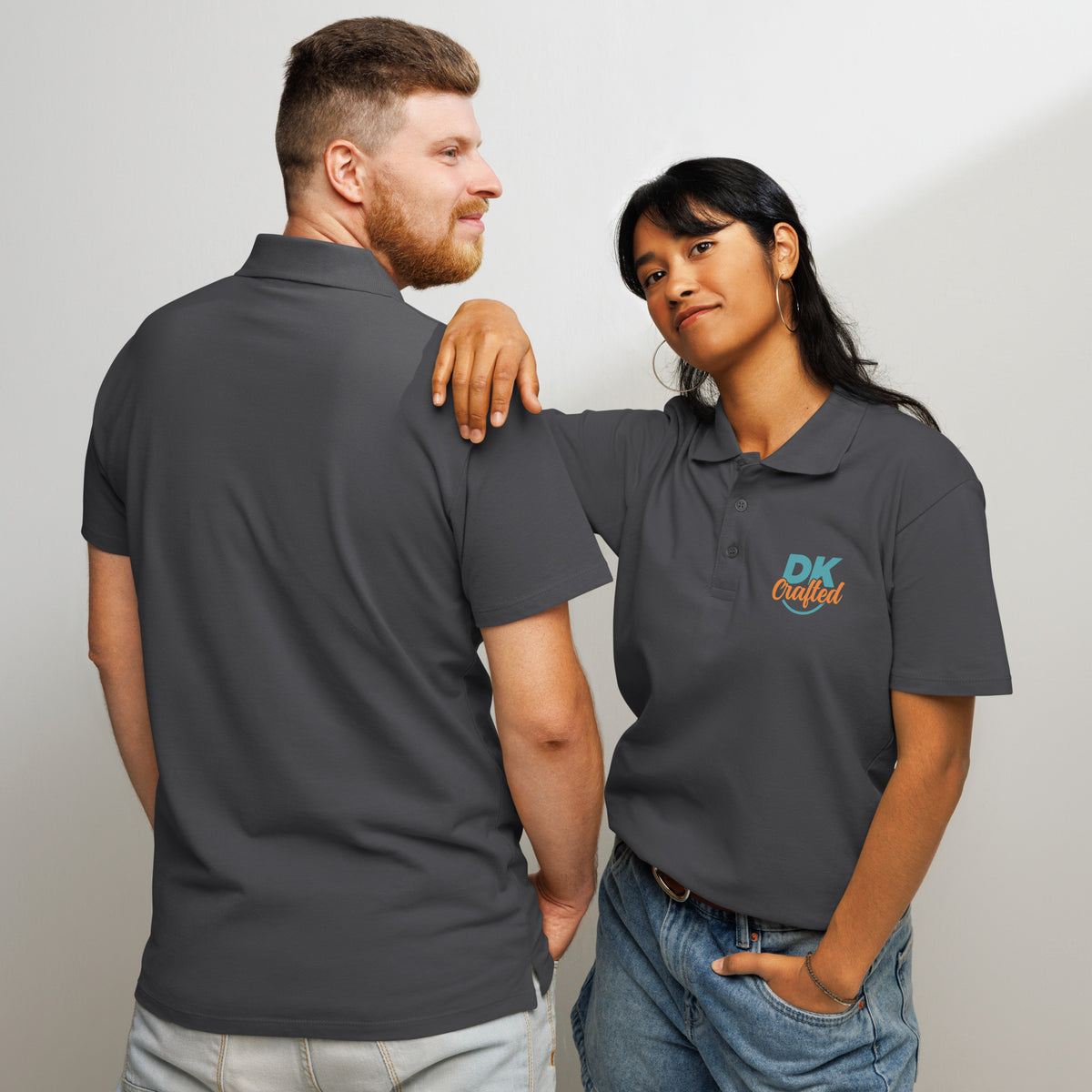 Premium pique polo shirt, Mouse Grey, front and back view