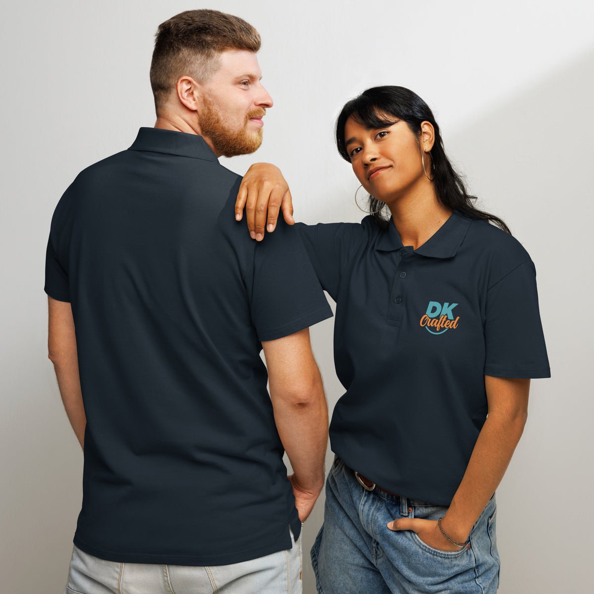 Premium pique polo shirt, Navy, front and back view