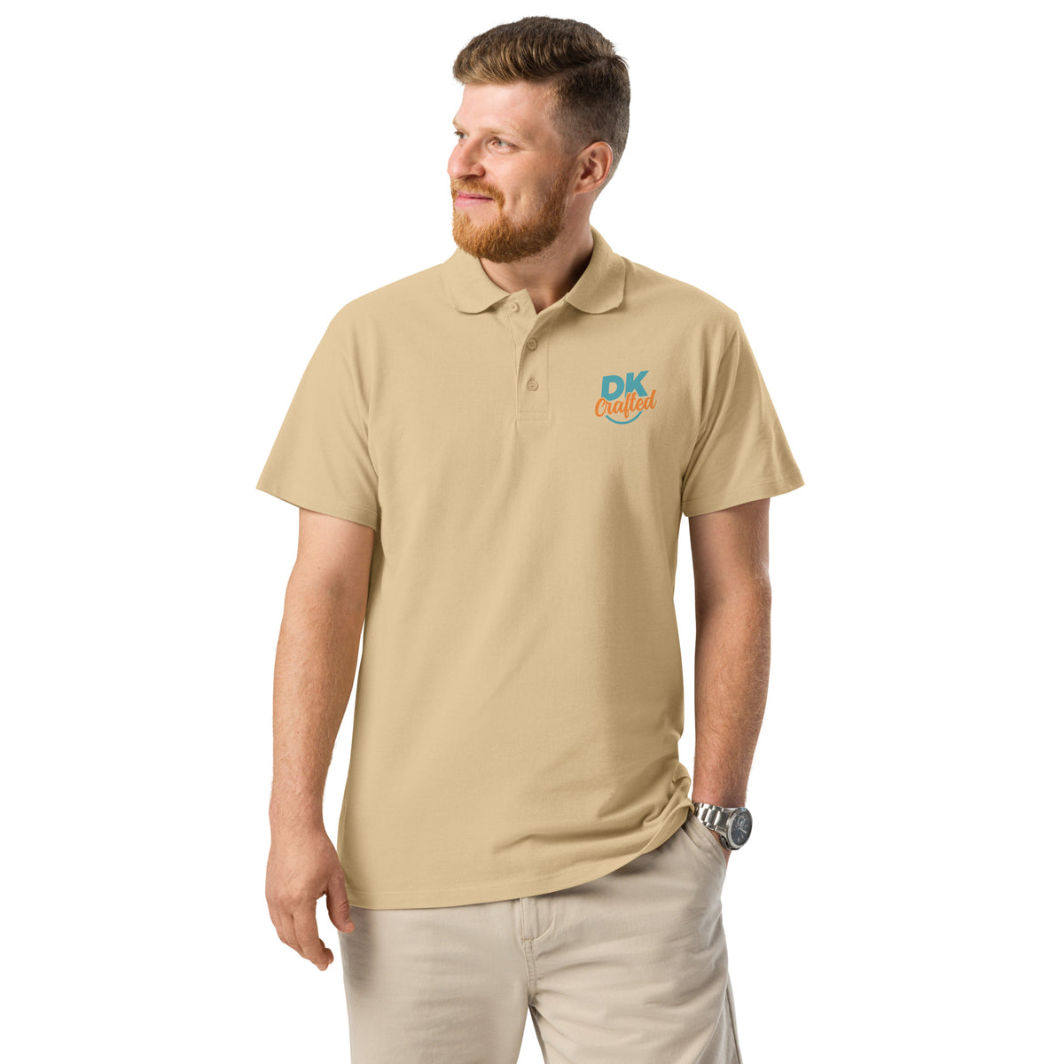 Premium pique polo shirt, Sand, front view