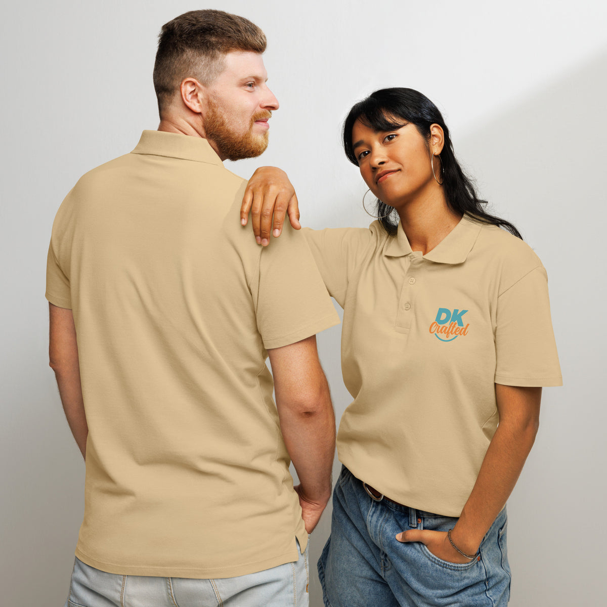 Premium pique polo shirt, Sand, front and back view