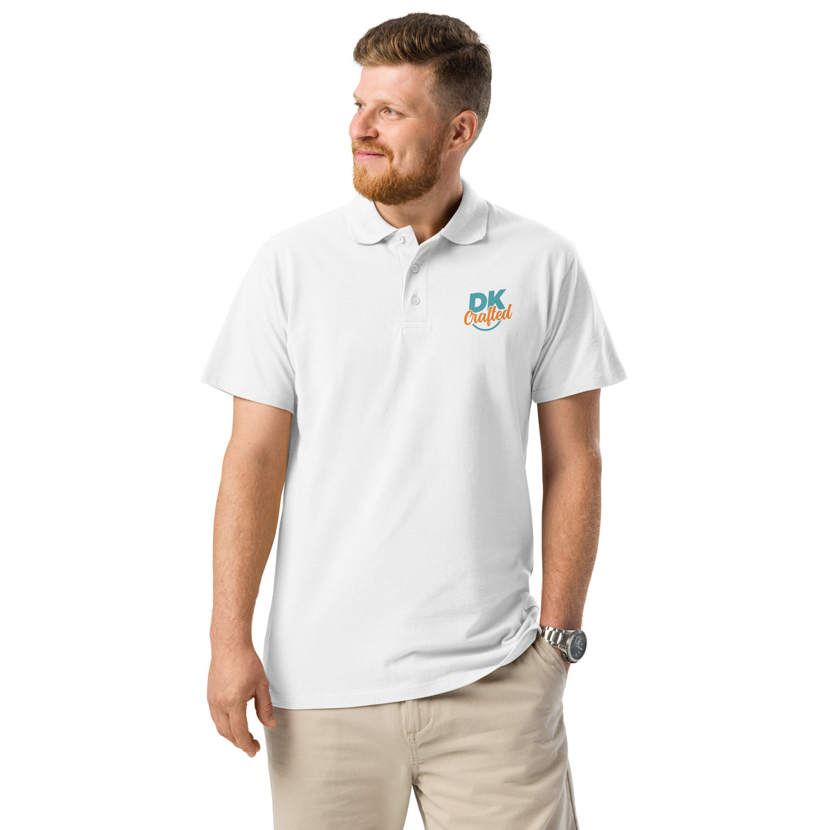 Premium pique polo shirt, White, front view