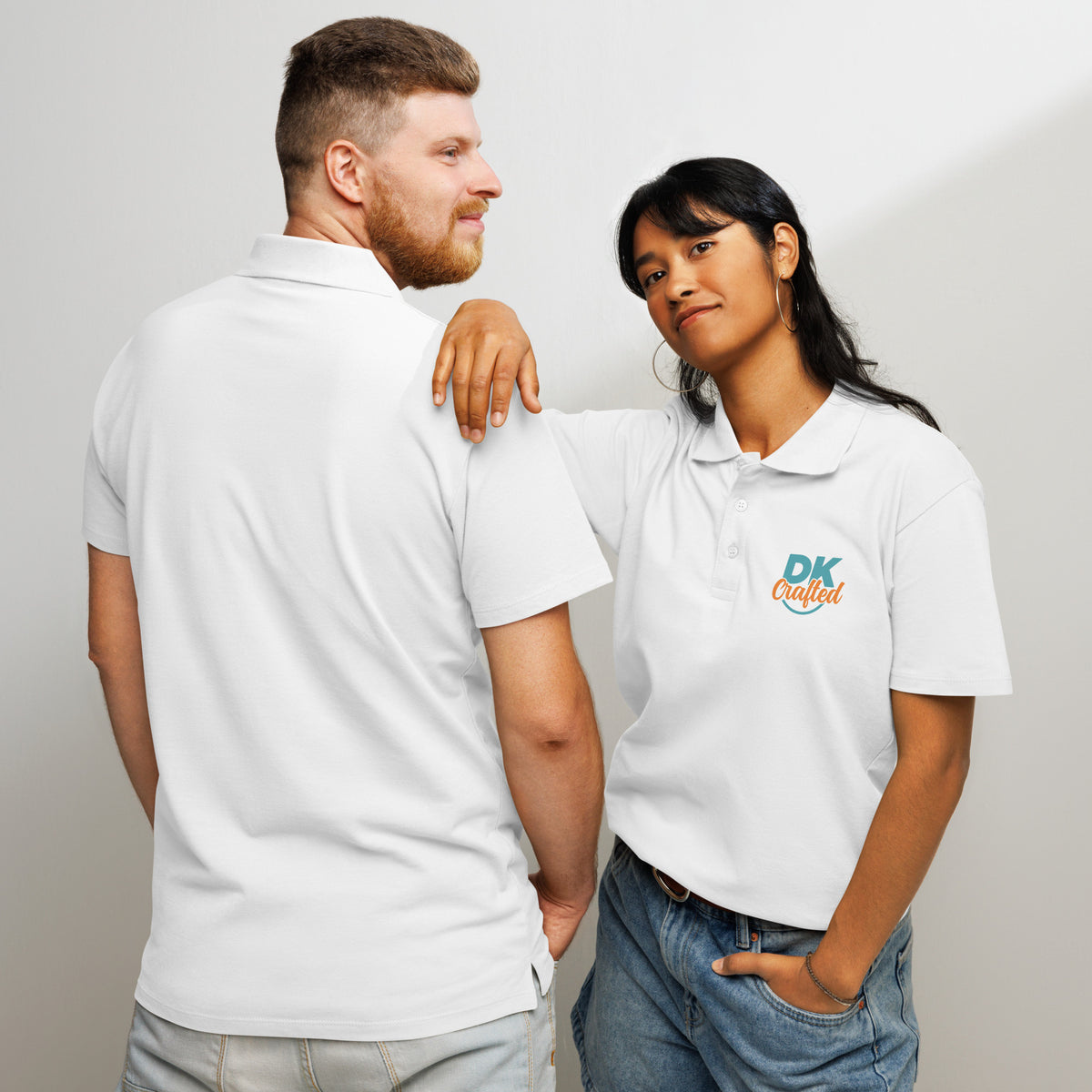 Premium pique polo shirt, White, front and back view