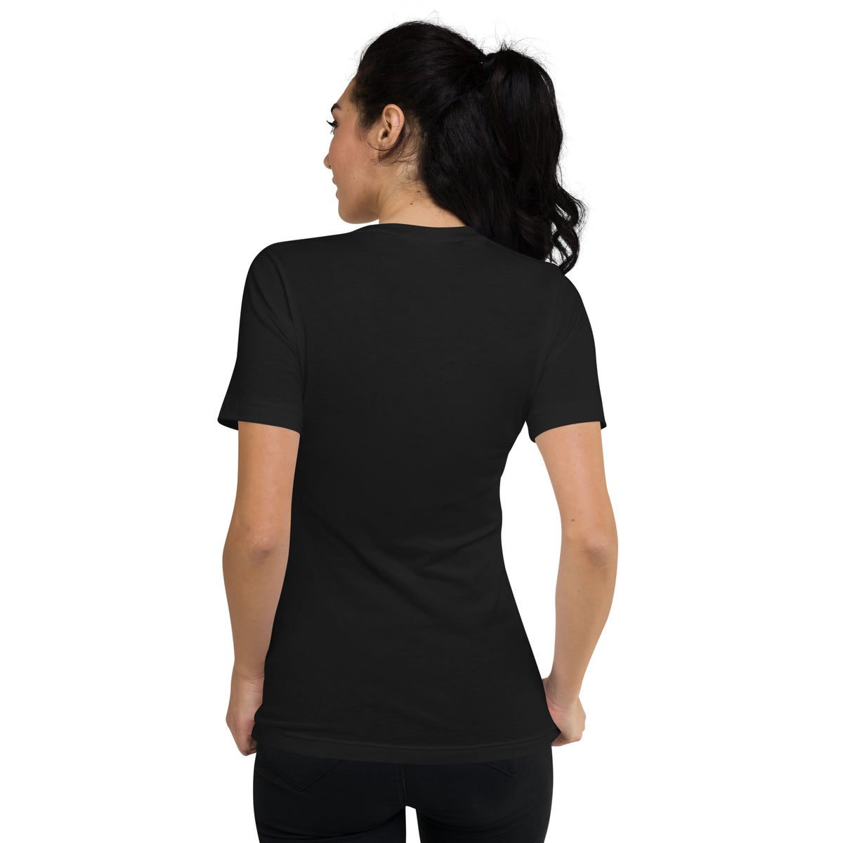 Unisex Short Sleeve V-Neck T-Shirt, Black, back view