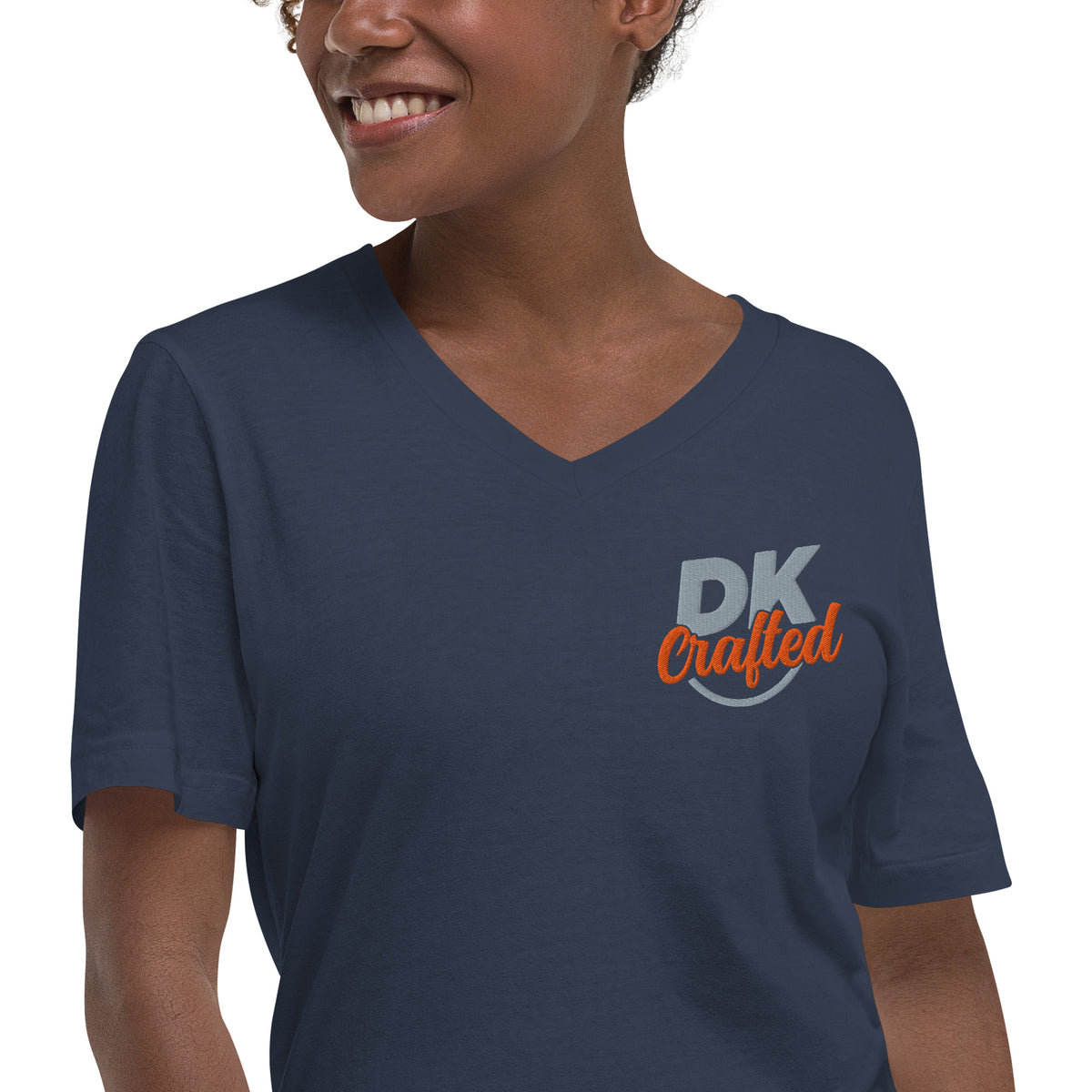 Unisex Short Sleeve V-Neck T-Shirt, Navy, fabric detail view