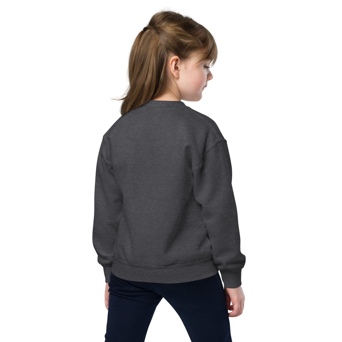 Youth crewneck sweatshirt, Dark Heather, back view
