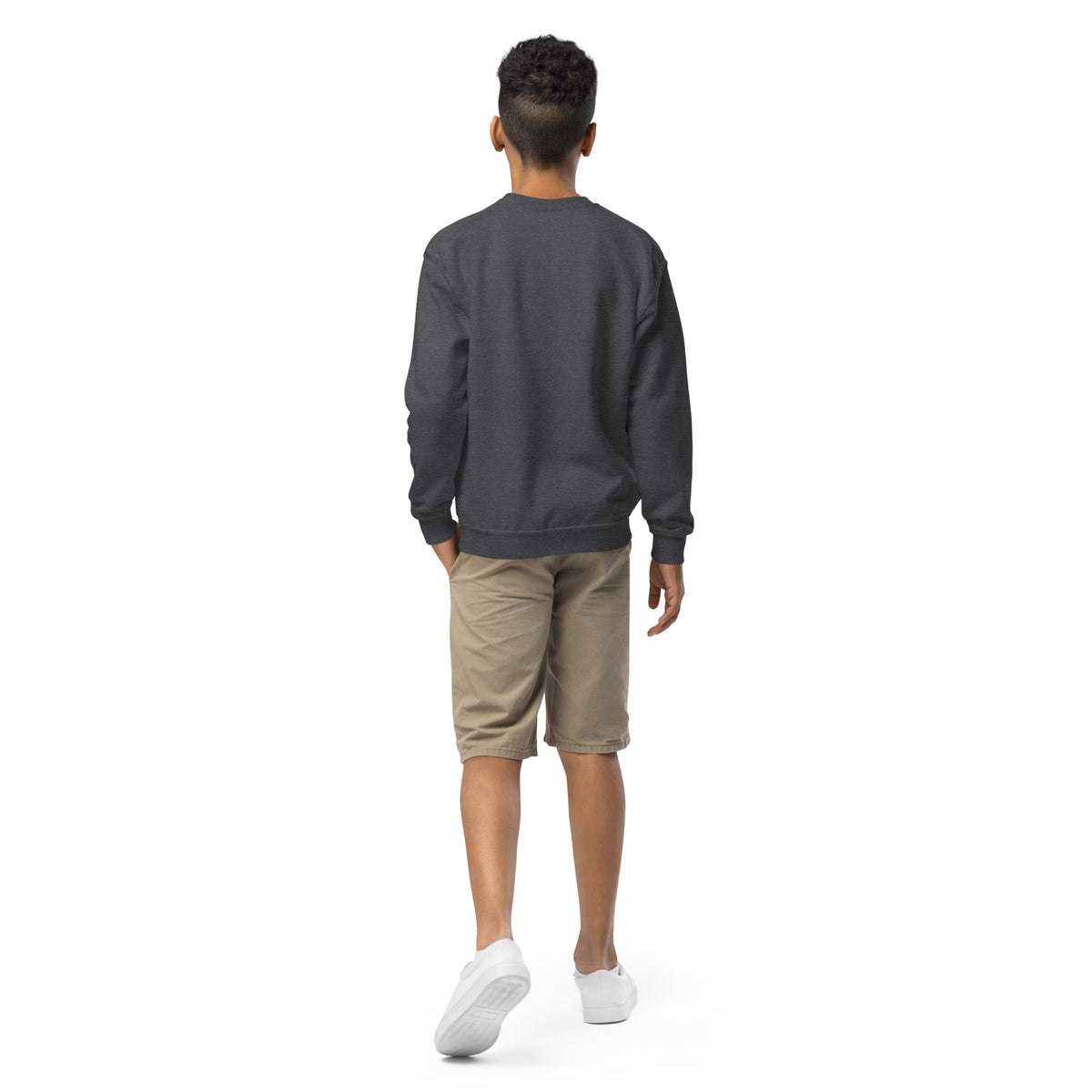 Youth crewneck sweatshirt, Dark Heather, back view
